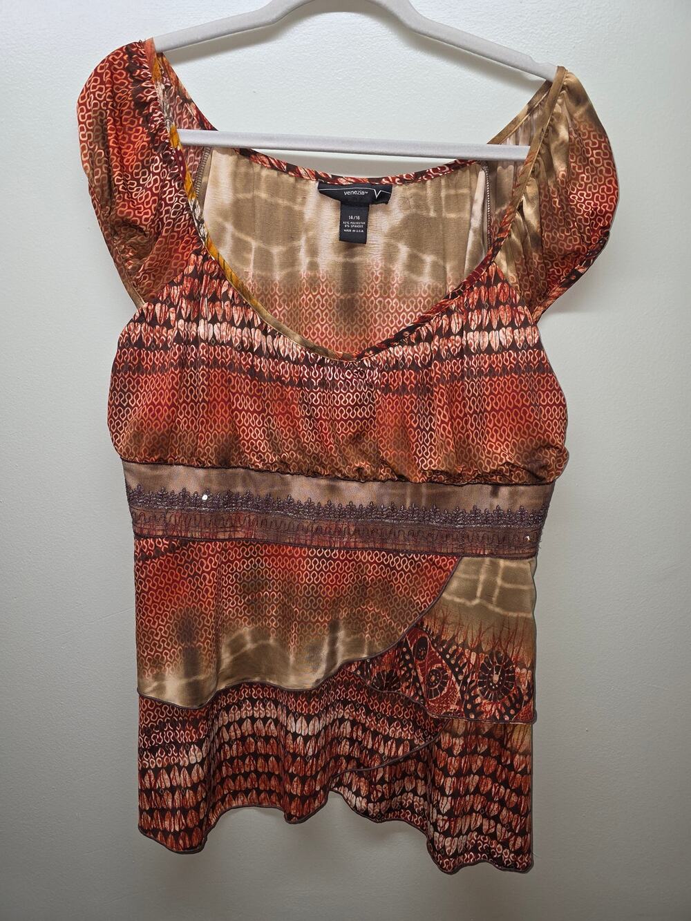 Venezia Boho Ruffled Blouse With Metallic Band Size 14/16